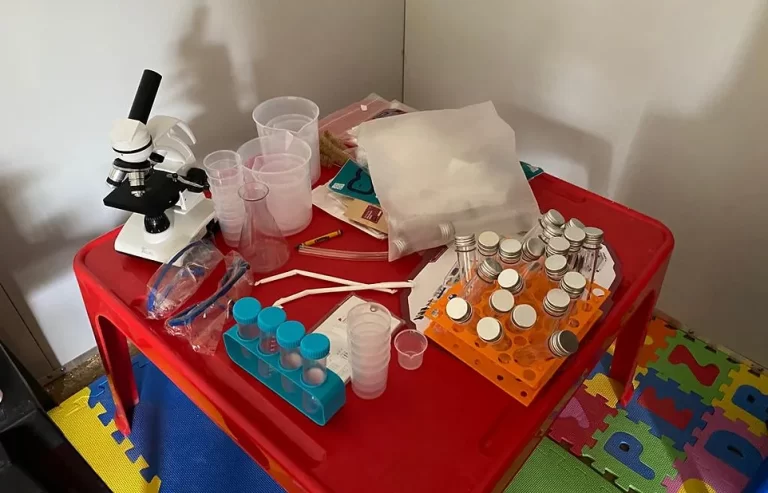 A red table holds assorted laboratory equipment, including a microscope, plastic cups, test tubes in racks, and small containers, set atop puzzle-piece foam mats on the floor.